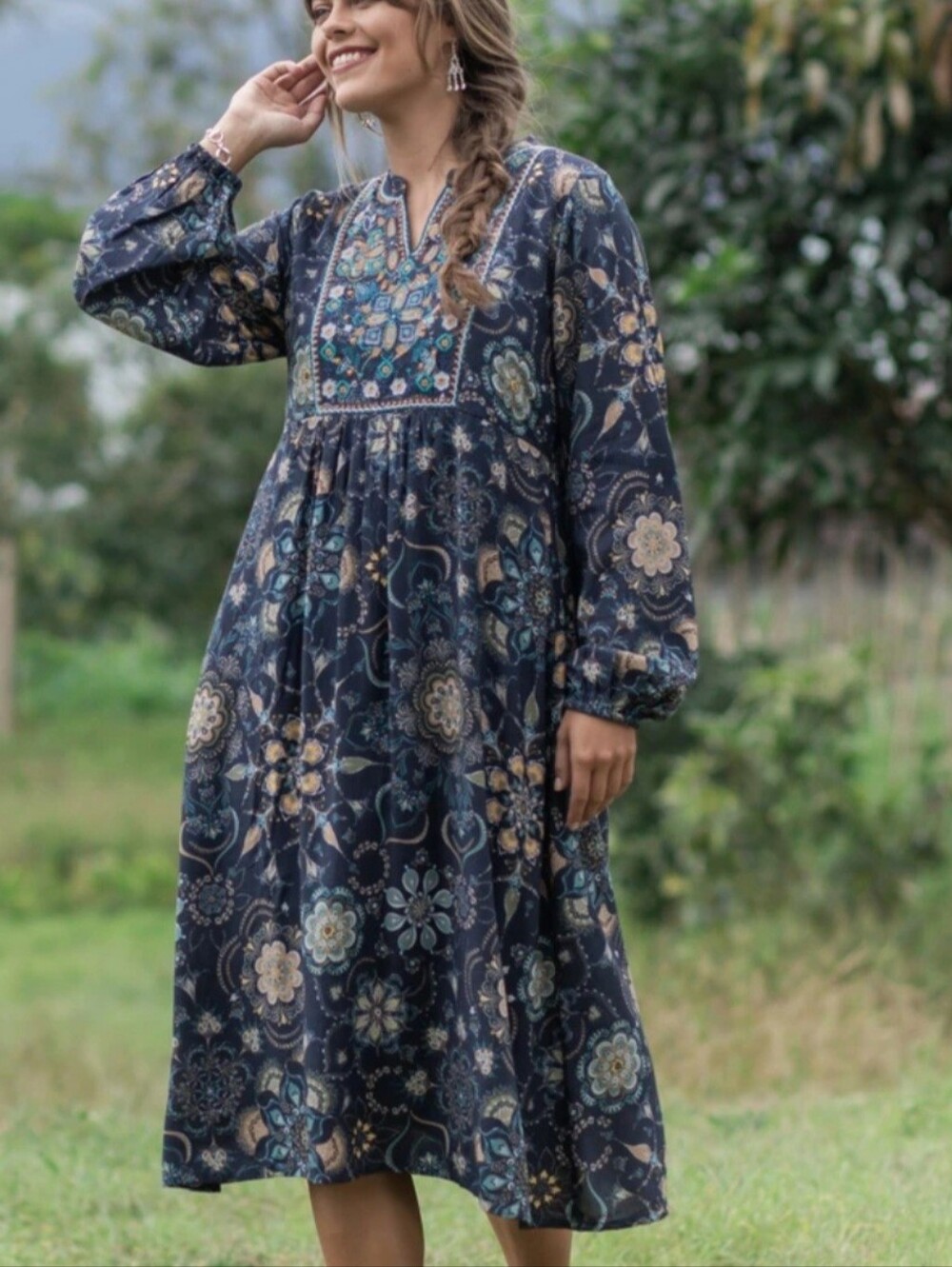 Novica Blue Floral Embroidered Midi Dress